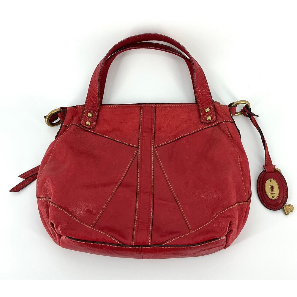 Fossil Y2K Red Leather Satchel Crossbody Bag Brass Hardware - Picture 3 of 15